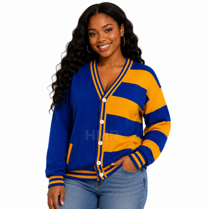 HMR Sororité Sororité Acrylique Nouveau Personnalisé Dames Bleu Jaune Rayé Pull Tricot Tops Mode Classique Col V Manches Longues - Product Image 1
