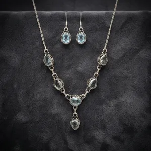 925 Sterling Silver Blue Topaz Jewelry Set Necklace Earrings Teardrop Pendant Oval Gemstones Bezel Setting Women's Everyday Wear - Product Image 5
