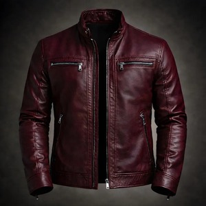 Veste de motard en cuir vintage bordeaux pour homme, veste de moto en véritable peau de mouton - Product Image 1
