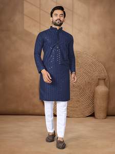 Conjunto de Kurta Larga y Pijama para Hombre, Bordado con Lentejuelas Chikankari en Rayón, con Parte Inferior de Algodón - Product Image 4