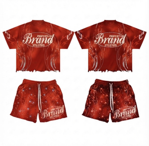 Ensemble T-shirt et short pour homme, style streetwear automne, imprimé léopard, en tissu éponge respirant, col rond, effet délavé, imprimé numérique - Product Image 6