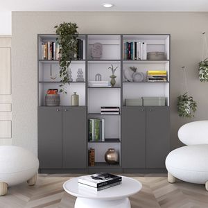 Conjunto de Librería Acres de 3 Piezas en Gris Mate/Blanco, 67 Pulgadas de Ancho, con 11 Estantes y Dos Armarios de Doble Puerta para Sala de Estar - Product Image 1