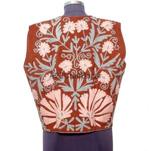 เสื้อกั๊กผ้าฝ้ายพิมพ์ลายดอกไม้สไตล์ซูซานี แขนตัดเย็บแบบเสื้อแจ็คเก็ต สำหรับผู้หญิง ทำมือ ผ้าฝ้าย 100% ระบายอากาศได้ดี เหมาะสำหรับฤดูใบไม้ผลิ/ฤดูใบไม้ร่วง - Product Image 4