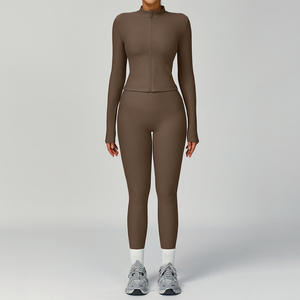 Conjunto Deportivo Sin Costuras para Hombre, Sujetador Deportivo, Camiseta de Manga Larga con Abertura Frontal, Pantalones Cortos de Cintura Alta, Leggings Transpirables de Secado Rápido para Entrenamiento - Product Image 6