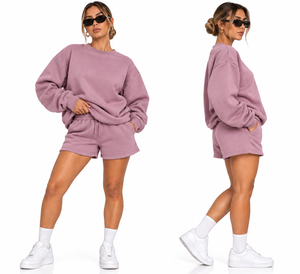 Ensemble sweat-shirt et short oversize pour femme, 2 pièces, ensemble de survêtement décontracté en molleton épais, pull à épaules tombantes, été - Product Image 4