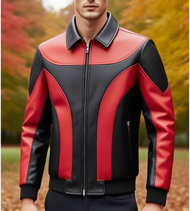 TRIBON SPORTS Men's Red Black <b>Leather</b> Bomber <b>Jacket</b> Stand Collar Zipper Closure Casual <b>Winter</b> Breathable - Product Image 1