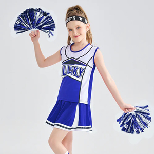 Lucky <b>Cheerleading</b> Uniform Blue White Skirt Style Children's <b>Costume</b> With Pom Poms - Product Image 6