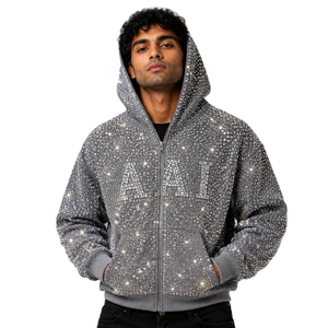 Sudadera con capucha y cremallera de algodón de alta calidad con pedrería, estilo oversize, de moda, para hombre, ropa de invierno, personalizada, estilo urbano. - Product Image 1