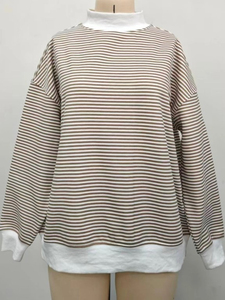 Custom Logo Printed Letter Winter Women's Striped Mock Neck Knitted Oversized Long Sleeve Pullover Sweatshirt - Product Image 1