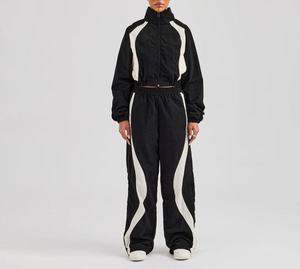 Ensemble de survêtement deux pièces pour femme, style rétro, veste courte zippée color block, pantalon de jogging taille haute à jambes larges, streetwear, sportswear - Product Image 1