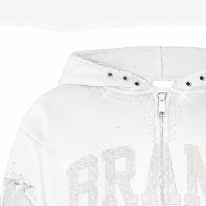 Sudadera con capucha personalizada de algodón 100% con cremallera, bordado de pedrería blanca, gráfico vintage desgastado, corte regular, estilo urbano de otoño - Product Image 6