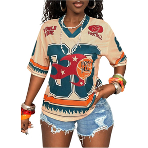 Maillot de football en mesh à col en V pour femme, manches courtes, coupe ample, respirant, imprimé, vêtements de sport, style été - Product Image 1
