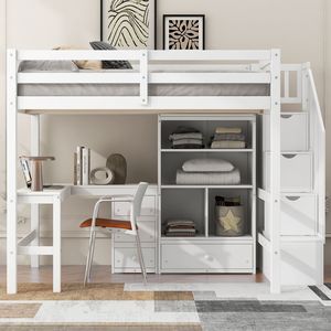 Cama alta blanca de tamaño completo con escritorio en forma de L, cajones, armario de almacenamiento y escalera de madera - Product Image 2