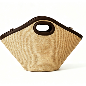 Customized natural <b>straw</b> cut‑out handle tote <b>bag</b>, dark brown faux leather trim, trapezoid wide silhouette, woven summer <b>beach</b> - Product Image 5