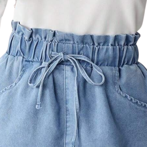 Mini-jupe en jean bleu clair pour femme, 100 % coton, taille haute, cordon de serrage, taille élastique, décontractée, avec poches, pour l'été et le quotidien - Product Image 5