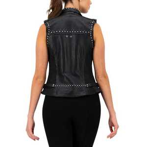 Chaleco de cuero genuino para mujer, negro, informal, sin mangas, con tachuelas, solapa y cremallera, estilo motero, top de moda, abrigo de exterior para mujer, el más vendido. - Product Image 5