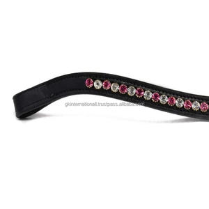 Banda de cejas de caballo de cuero acolchado de canal vacío negro de último diseño 2024 personalizada con cadena ostentosa de cristales Rosas y transparentes - Product Image 5