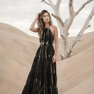 Robe longue décontractée pour femmes, en rayonne, à col halter, style tie-dye, sans manches, bohème, fluide, pour la plage - Product Image 1
