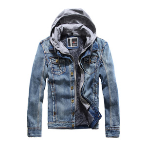 Men's Light Blue Denim <b>Jacket</b> <b>With</b> Hood Faux Fur <b>Lining</b> Turn-down Collar Single Breasted Casual Autumn Wear - Product Image 1