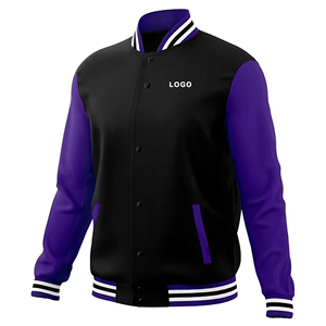 Blouson universitaire noir et violet pour homme, coupe droite, col rabattable, fermeture boutonnée, blocs de couleur, logo frontal, tenue décontractée pour l'automne - Product Image 2