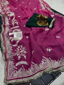 Sari Moderno de Chinon Suave con Hermoso Trabajo de Cintas para Fiesta de Diwali o Baile de Graduación - Product Image 6