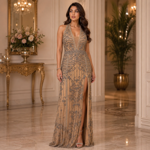 Women Gold Beaded Wedding Maxi Dress Deep V Neck Sleeveless <b>Sequin</b> Embellished High Slit Bridal Gown Formal Reception Party - Product Image 3