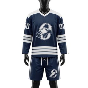 Ensemble short et maillot de hockey sur glace sublimé bleu marine pour homme, en polyester, col en V, uniforme de sport imprimé, vêtements d'entraînement performants - Product Image 1