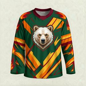 Camiseta de Hockey sobre Hielo para Hombre, Manga Larga, Cuello en V, Estampado de Oso Sublimado, Poliéster que Absorbe la Humedad, Ropa Deportiva, Corte Regular - Product Image 1
