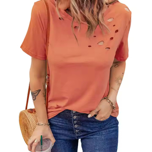 Summer Vintage <b>Distressed</b> Acid Washed Crop <b>Top</b> Tee Shirt for Women Whole Sale Custom O-Neck T Shirt for Female - Product Image 2