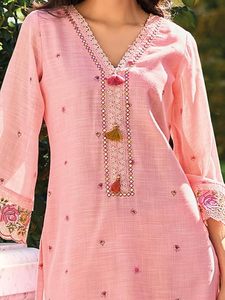 Women's Woven Stretchable Straight <b>Linen</b> Floral Embroidered Elegant Kurta Pant with Dupatta Set - Product Image 3