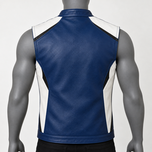 <b>Men's</b> Autumn Blue <b>White</b> Leather Biker Style <b>Vest</b> Stand Collar Sleeveless Zip Waistcoat Contrast Shoulder Side Panels Chest Zip - Product Image 2