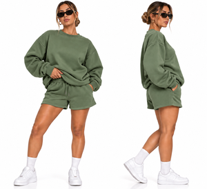 Ensemble sweat-shirt et short oversize pour femme, 2 pièces, ensemble de survêtement décontracté en molleton épais, pull à épaules tombantes, été - Product Image 2