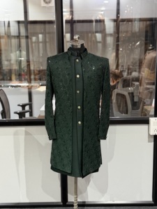 Sherwani vert pour homme avec imprimé pailleté, longueur cheville, tenue de mariage traditionnelle, coupe classique, polyester infroissable, vêtement indien - Product Image 1