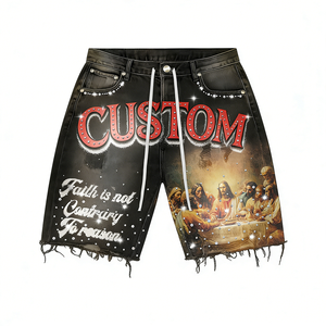 Custom Oversized Solid Breathable Polyester/Cotton <b>Knitted</b> T-Shirt Denim Shorts <b>Set</b> Vintage Streetwear Summer Casual Men's <b>Sets</b> - Product Image 2