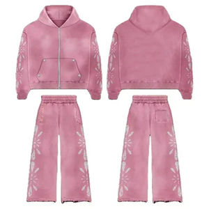 Ensemble de survêtement rose à imprimé floral pour femme, décontracté, avec fermeture éclair intégrale sur le devant, coupe ample, pour l'automne, effet délavé, orné de strass. - Product Image 1