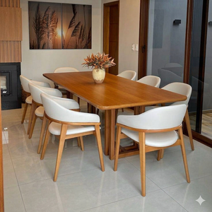 Juego de Comedor Moderno de Estilo Mid-Century con Mesa de Madera y 8 Sillas Tapizadas Blancas con Respaldo Sólido para el Hogar - Product Image 1