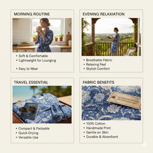 Al por mayor: Bata kimono de algodón azul floral con cuello en V largo, ropa de dormir transpirable con cordón, ropa de estar de algodón para mujer, fabricante - Product Image 5