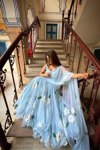 Exclusive ready to wear georgette ruffle lehenga <b>saree</b> digital print <b>stitched</b> blouse lace border dupatta for women - Product Image 3