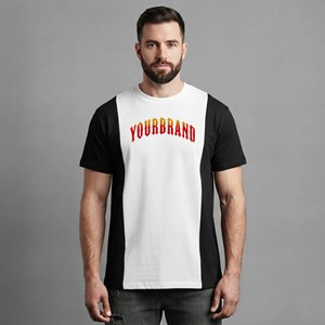 Jersey 100% Cotton Men's Contrast Color Block Knitted T-<b>Shirt</b> Flame Logo Print Oversized Fit O-Neck Casual Half Sleeve OEM ODM - Product Image 1