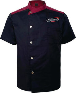 เสื้อเชฟแบบยูนิเซ็กซ์ ผ้าโพลีเอสเตอร์ สำหรับร้านอาหาร ชุดทำงานในครัว ทนทาน พิมพ์ลายด้วยความร้อน ผ้าทอ แขนสั้น - Product Image 1