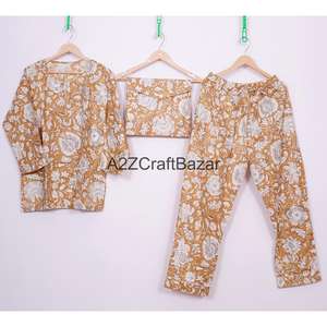 Conjunto de Pijama de Lujo para Mujer, 100% Algodón, Cintura Elástica, Mangas Tres Cuartos, Estampado Floral Digital, Largo Completo - Product Image 1