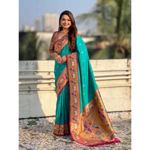 Sari en soie douce bleu aqua Elite Weaves Swan Rajhans Paithani, foulards et châles ethniques 650g - Product Image 6