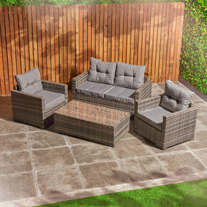 Clásico conjunto de sofás de jardín de seis piezas de mimbre tejido con sillones, otomanas y mesa, disponible a precios de mayorista. - Product Image 5