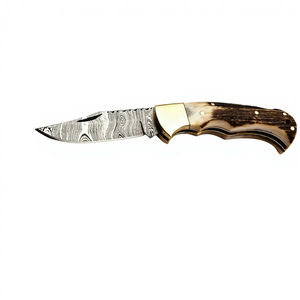Couteau pliant de poche en acier Damas fait main, manche en bois, double lame - Product Image 1
