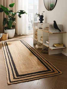 Modern Striped <b>Jute</b> <b>Rug</b> Rectangle Non-Slip Flat Pile Door Mat Natural Black Border Braided Organic Material - Product Image 1
