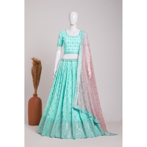 DESGASTE DE BODA GEORGETTE BORDADO SECUENCIA TRABAJO LEHENGA CHOLI CON DUPATTA SKY - Product Image 1