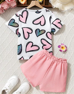 Girls 2Pcs Set Short Sleeve Floral Print Top Pink Shorts Comfortable Casual Wear Medium Stretch Breathable - Product Image 2