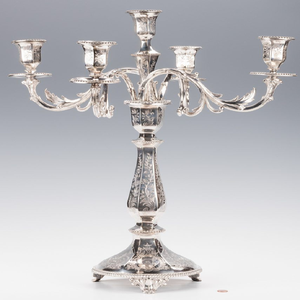 Exquisite silver five arm <b>candelabra</b> displaying intricate vintage floral engravings, available at wholesale prices. - Product Image 1
