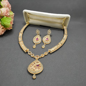Wholesale 14K 18K 24K Gold Plated AD & <b>Ruby</b> Stone <b>Necklaces</b>, Traditional Design AD Stone Gold <b>Necklaces</b>, Fashion AD Jewelry Set. - Product Image 5