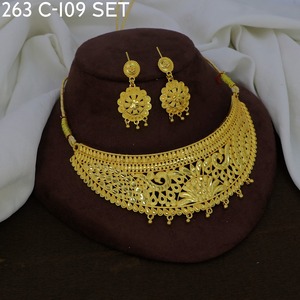 MIJ Elegant Gold Plated Vintage Style Geometric Design Women's <b>Bridal</b> Necklace Earring Set Ceylon Style South Indian Kandyan Set - Product Image 6